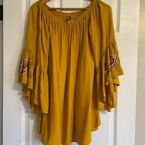 Feathers EMBROIDERED bell sleeve mini MEXICAN DRESS yellow size XL OFF SHOULDER